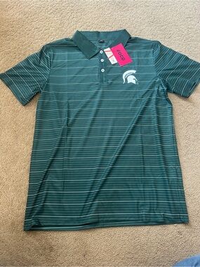 Men's Green Striped Polo Shirt with Spartan Logo